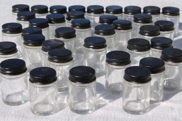 old glass jars w/ metal lids, vintage lab bottles for beads, glitter, craft supply storage