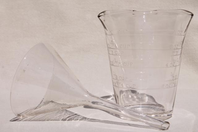 old glass measure measuring beaker & glass funnel, vintage kitchen glass or lab glassware