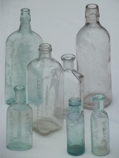 old glass medicine bottle lot, clear & aqua glass antique vintage bottles