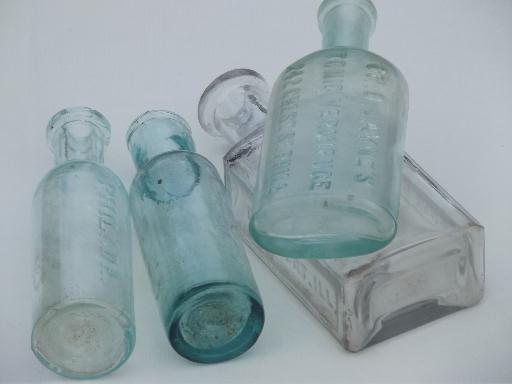 old glass medicine bottle lot, clear & aqua glass antique vintage bottles