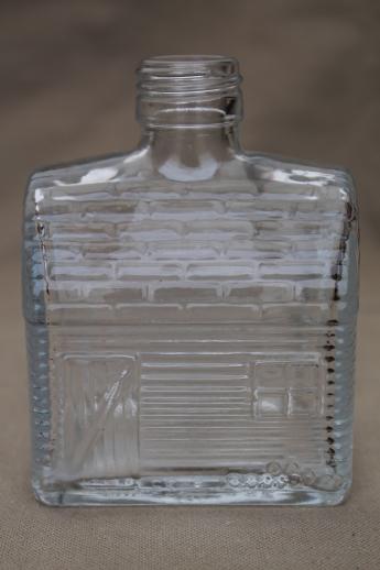 old glass syrup bottle, barn or cabin house figural glass bottle