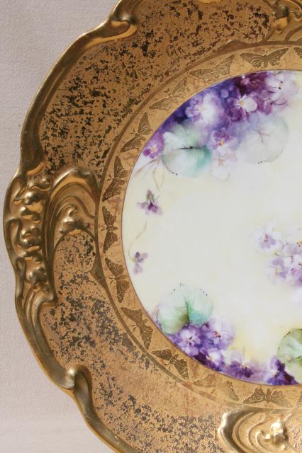old gold encrusted china charger plate w/ hand-painted violets, vintage Limoges porcelain tray