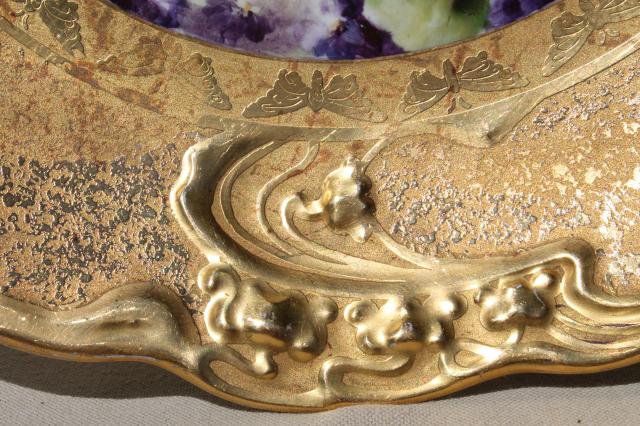 old gold encrusted china charger plate w/ hand-painted violets, vintage Limoges porcelain tray