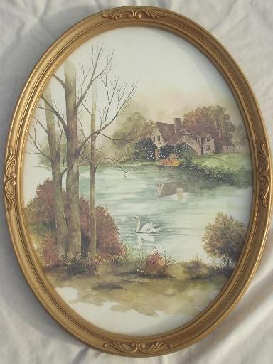 old gold oval frames w/ pastoral cottage scene watercolor prints, vintage framed art