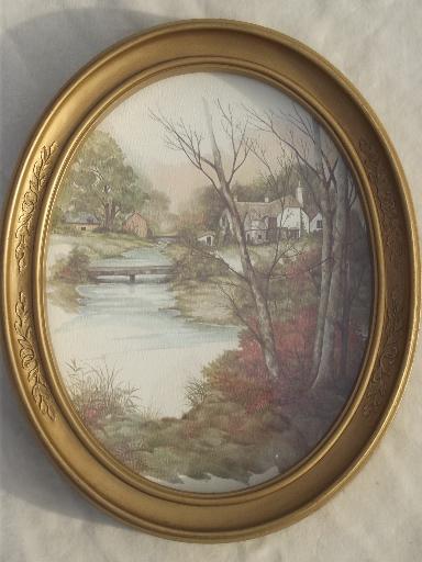 old gold oval frames w/ pastoral cottage scene watercolor prints, vintage framed art