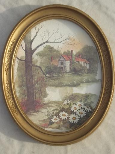old gold oval frames w/ pastoral cottage scene watercolor prints, vintage framed art