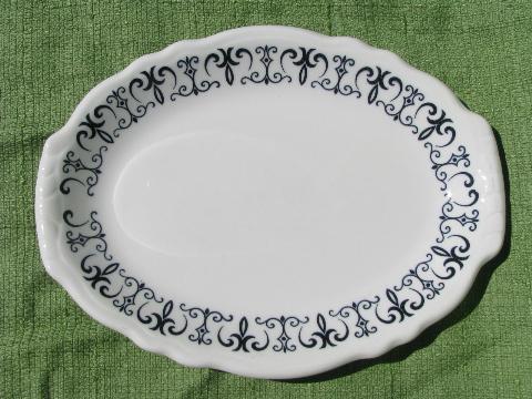 old gothic black scroll white ironstone, vintage Homer Laughlin china