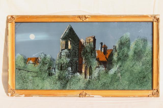 old gothic manor moonlit castle landscape, reverse painted glass picture in shabby antique frame