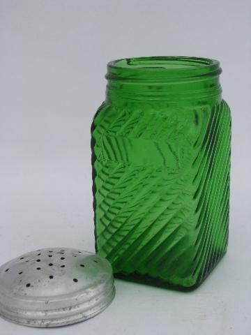 old green depression glass kitchen range shaker, spice canister hoosier jar