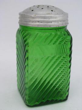 old green depression glass kitchen range shaker, spice canister hoosier jar