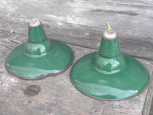 old green enamel pendant lights, industrial work shop/barn lighting