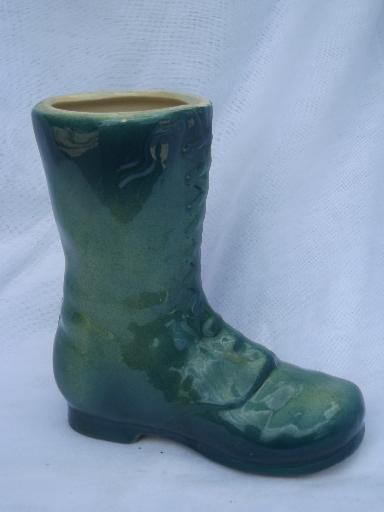 old green glazed yellow ware pottery boot flower planter vase, Shawnee?