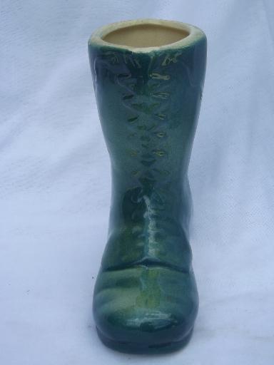 old green glazed yellow ware pottery boot flower planter vase, Shawnee?