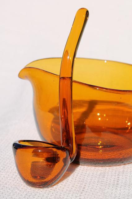 old hand blown amber glass mayonnaise spoon or sauce ladle & pitcher or gravy boat