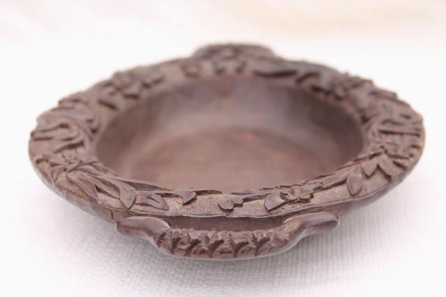 old hand carved wooden bread plate, walnut wood tray w/ Black Forest or Swiss alpine flowers