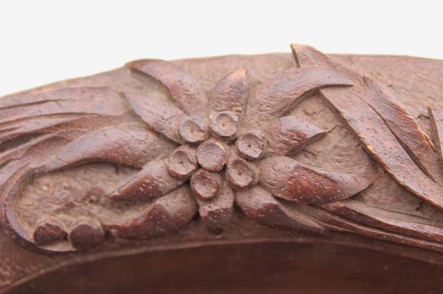 old hand carved wooden bread plate, walnut wood tray w/ Black Forest or Swiss alpine flowers