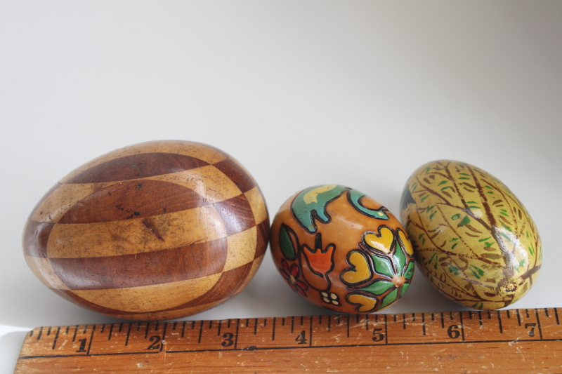 old hand crafted wood Easter eggs, marquetry, carved folk art swan, birds