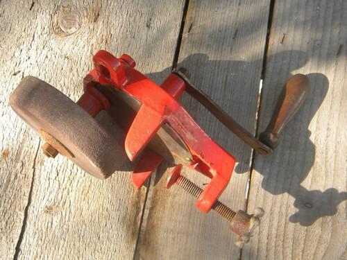 old hand crank shop bench grinder for sharpening knives, scissors, tools