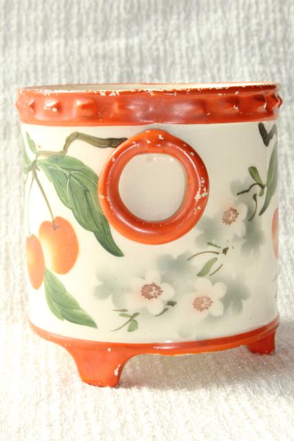 old hand painted cherries cachepot jardiniere planter pot, deco vintage Erphila art pottery