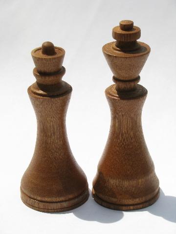 old hand-crafted turned wood chess set game pieces, carved hardwoods