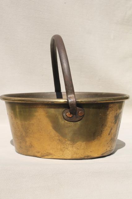 old hand-forged solid brass bucket, open hearth fire cooking pot kettle w/ iron handle