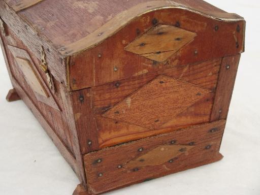 old handmade wood sewing box, small dome top trunk or chest, tramp art vintage 