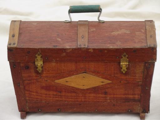 old handmade wood sewing box, small dome top trunk or chest, tramp art vintage 