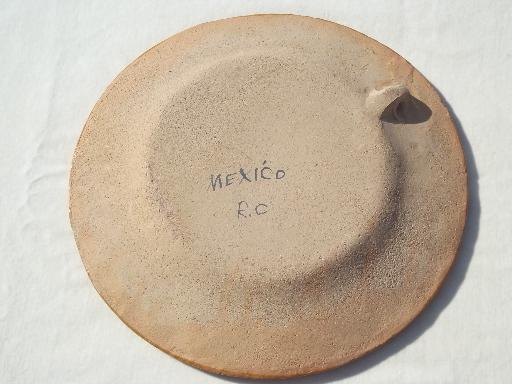 old hand-painted Mexican pottery plate w/ white deer, vintage Mexico