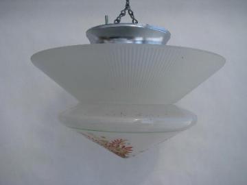 old hand-painted glass drop ceiling fixture light w/ fan collar lamp shade