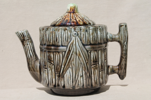 old majolica type pottery teapot w/ bamboo pattern, 1800s vintage Taft potteries New Hampshire