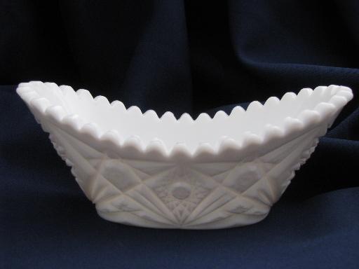 old milk glass celery tray and nappy, vintage star quilt pattern