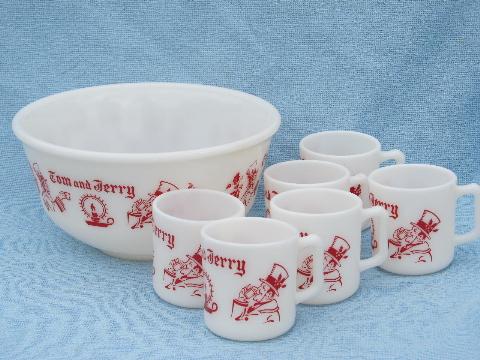 old milk glass punch bowl and cups, Tom and Jerry spiked holiday eggnog