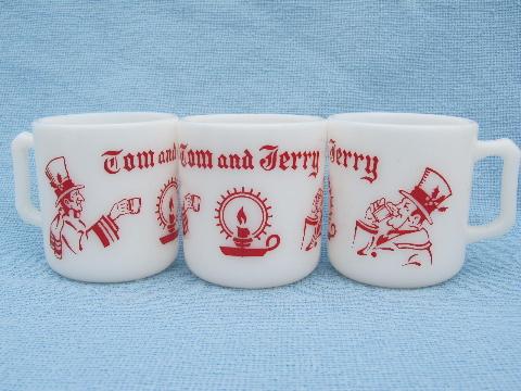 old milk glass punch bowl and cups, Tom and Jerry spiked holiday eggnog