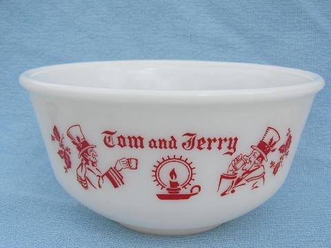 old milk glass punch bowl and cups, Tom and Jerry spiked holiday eggnog