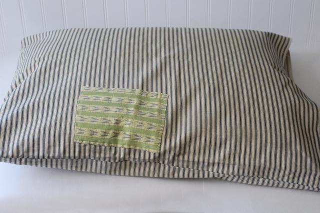 old patched blue ticking stripe pillow cover, authentic vintage farmhouse primitive