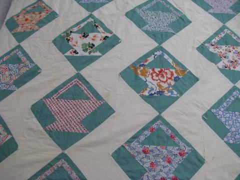 old patchwork flour sack quilt w/ flower basket pattern blocks, vintage 1930s-40s