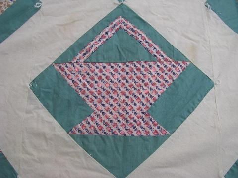 old patchwork flour sack quilt w/ flower basket pattern blocks, vintage 1930s-40s