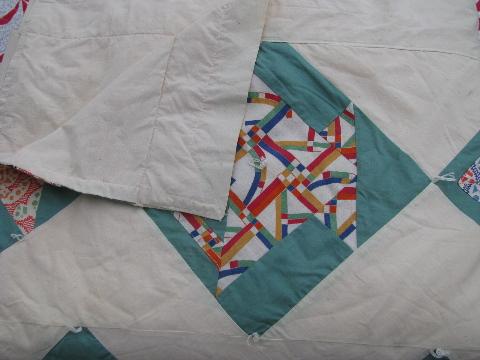 old patchwork flour sack quilt w/ flower basket pattern blocks, vintage 1930s-40s