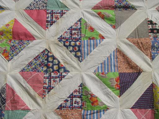 old patchwork quilt top, diamond squares of vintage cotton print fabrics