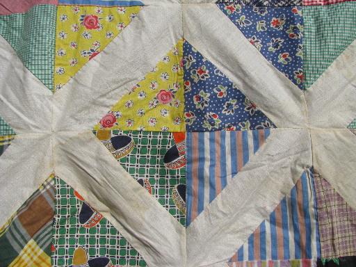 old patchwork quilt top, diamond squares of vintage cotton print fabrics