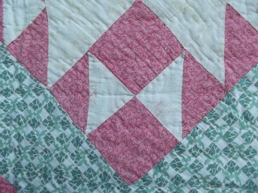 old patchwork quilts in pink & green, vintage star pattern quilt lot
