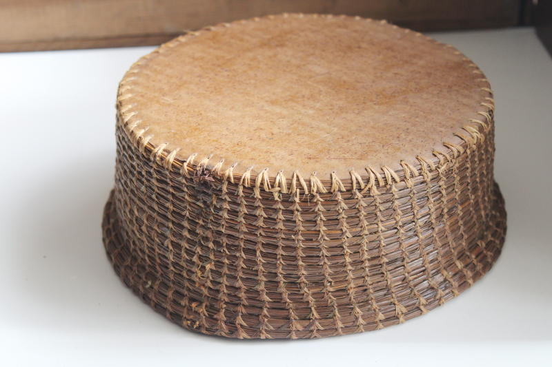 old pine needle basket, handmade coiled basket with paper bottom early or mid century vintage