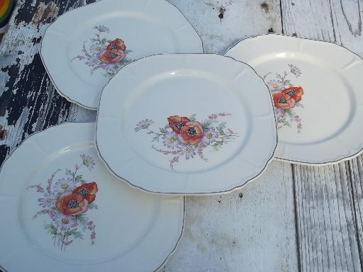 old poppy floral china plates, red poppies vintage Universal pottery