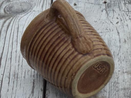 old pottery milk jug, antique brown ribbed  band stoneware pitcher