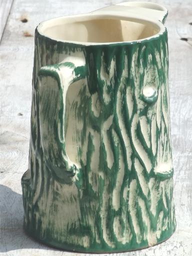 old pottery pitcher, primitive American majolica tree trunk or log shaped jug