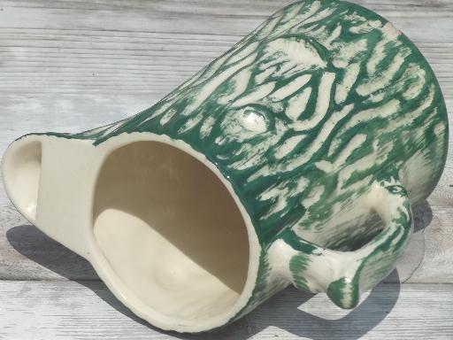 old pottery pitcher, primitive American majolica tree trunk or log shaped jug