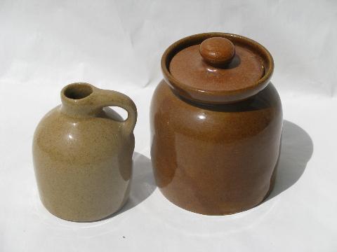 old pottery preserve crock jar, small jug bottle, vintage Bybee pottery