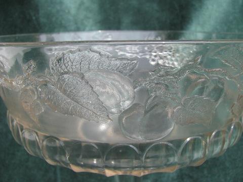 old pressed glass comport, fruits pattern - grapes, peaches, gooseberries