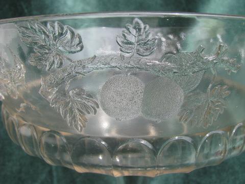 old pressed glass comport, fruits pattern - grapes, peaches, gooseberries