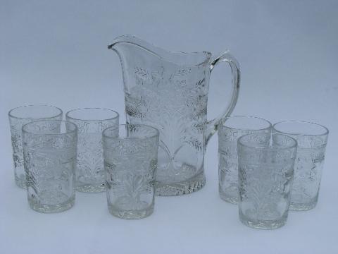 old pressed glass lemonade pitcher & glasses set, daffodil or jonquil pattern